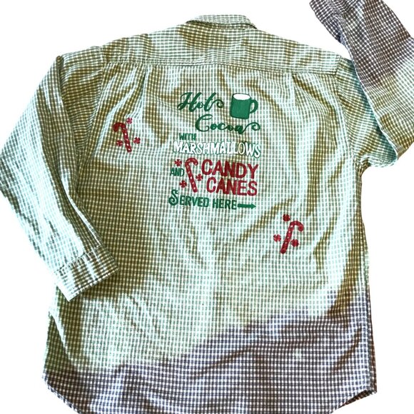 Upcycled Plaid Christmas Shirt, Plus Size: Bleached, Painted Holiday Graphics - Picture 1 of 12